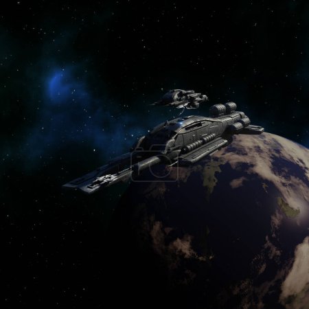 Foto de Parada de repostaje de naves espaciales sobre un planeta azul-verde, ilustración de ciencia ficción renderizada digitalmente 3d - Imagen libre de derechos