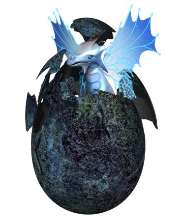 Foto de Lindo bebé azul hada dragón eclosión de un huevo, 3d ilustración digitalmente renderizado - Imagen libre de derechos