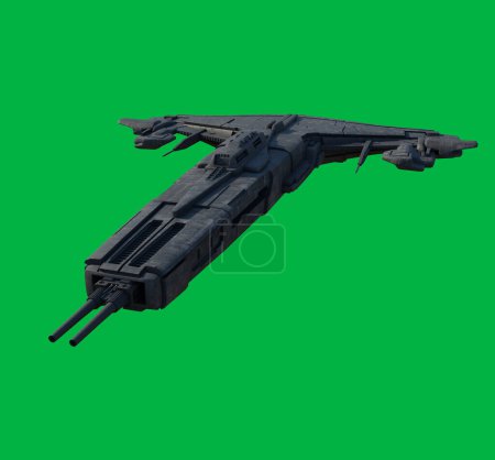 Foto de Barco espacial de ataque rápido en fondo de pantalla verde - Vista frontal, ilustración de ciencia ficción en 3D - Imagen libre de derechos