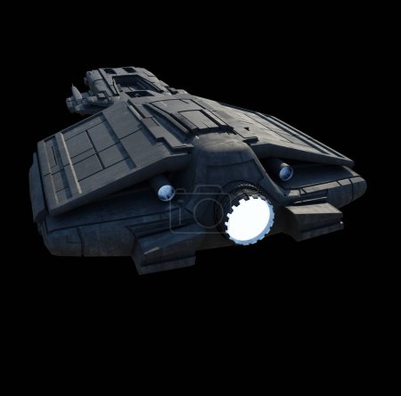 Foto de Barco espacial medio sobre fondo negro - Vista trasera, ilustración 3D renderizada digitalmente - Imagen libre de derechos
