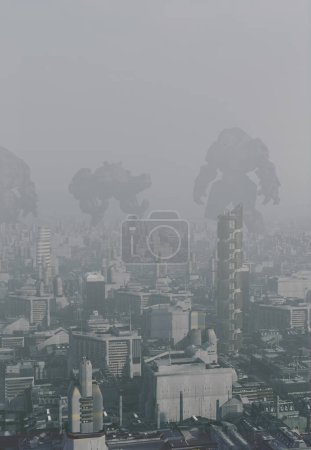 Foto de Future City - Máquinas de guerra en la niebla, 3d ilustración digitalmente - Imagen libre de derechos