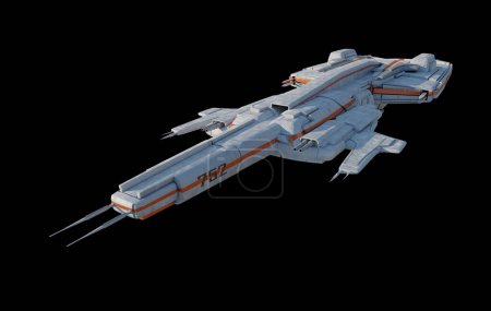 Foto de Nave espacial de patrulla media con esquema de color blanco y naranja sobre fondo negro - Vista frontal. 3d digitalmente renderizado ciencia ficción ilustración - Imagen libre de derechos
