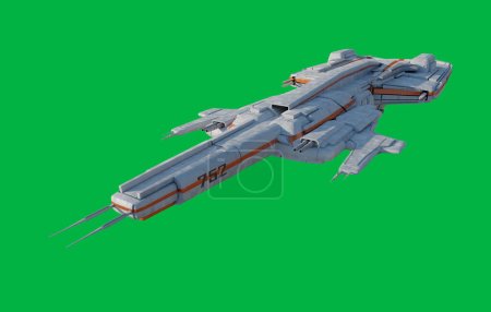 Medium Patrol Space Ship with White and Orange Colour Scheme on a Green Screen Background - Front View, 3d digitally rendered science fiction illustration