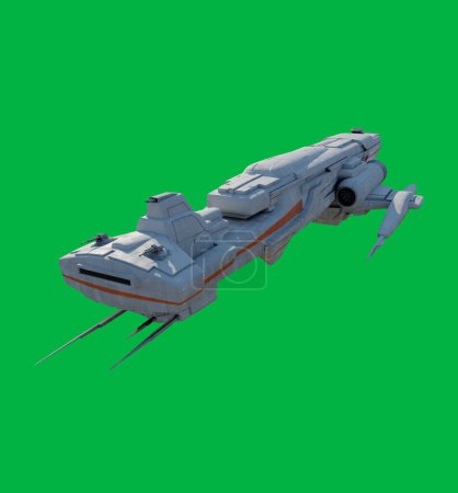 Foto de Nave espacial de ataque ligero con esquema de color blanco y naranja en un fondo de pantalla verde - Vista frontal, ilustración de ciencia ficción en 3D - Imagen libre de derechos