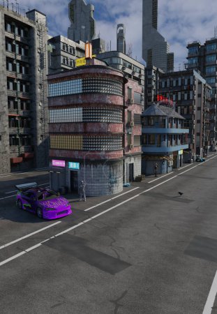 Foto de Cyberpunk Future City Street, ilustración de ciencia ficción en 3D - Imagen libre de derechos