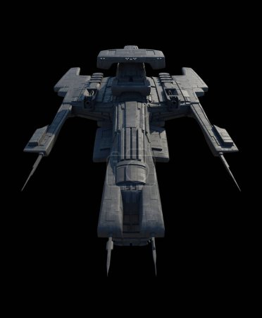 Foto de Buque de mando de nave espacial sobre fondo negro - Vista superior, ilustración de ciencia ficción renderizada digitalmente 3d - Imagen libre de derechos