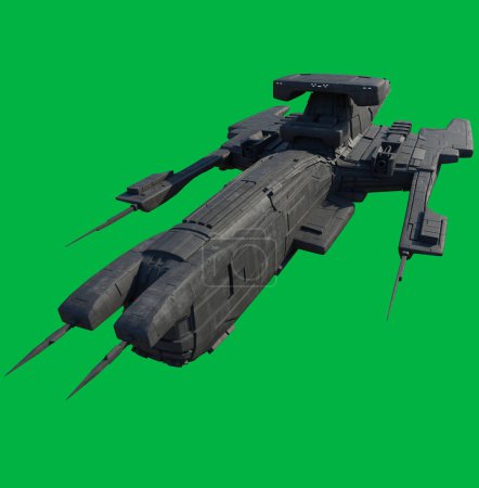 Foto de Buque de mando de nave espacial en fondo de pantalla verde - Vista frontal, ilustración de ciencia ficción renderizada digitalmente 3d - Imagen libre de derechos