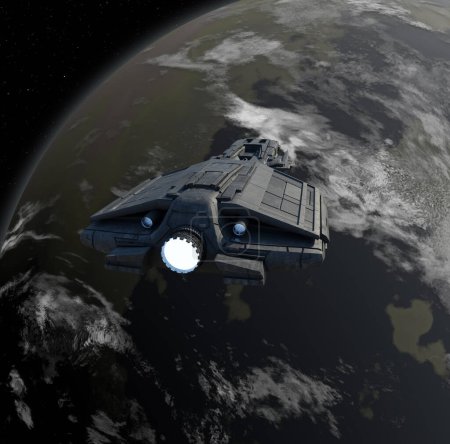 Foto de Nave Espacial Media en órbita alrededor de un planeta verde azul, ilustración de ciencia ficción en 3D - Imagen libre de derechos