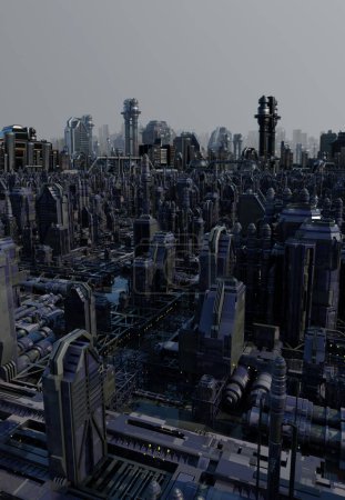 Téléchargez les photos : Future City - Industrial Zone in the Mist, illustration numérisée en 3D - en image libre de droit