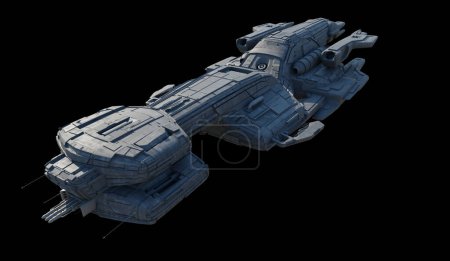 Foto de Gran nave espacial Battle Cruiser aislada sobre fondo negro - Vista frontal, ilustración de ciencia ficción renderizada digitalmente 3d - Imagen libre de derechos