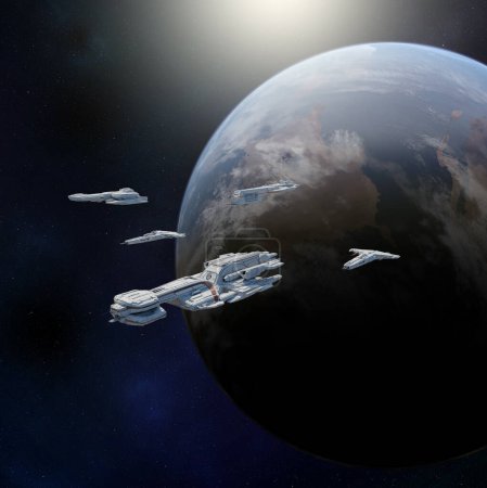 Foto de Flota de batalla espacial profunda de cinco naves espaciales que dejan un planeta alienígena, ilustración de ciencia ficción en 3D - Imagen libre de derechos