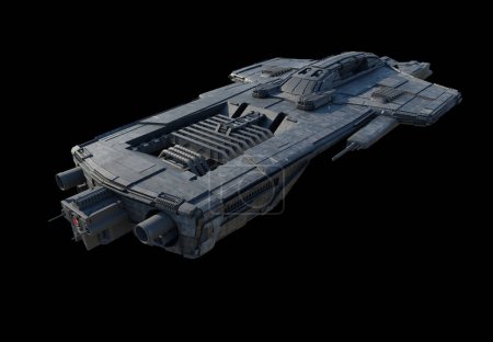 Foto de Gran nave espacial Gunship aislado sobre un fondo negro - Vista superior, 3d digitalmente renderizado ilustración de ciencia ficción - Imagen libre de derechos