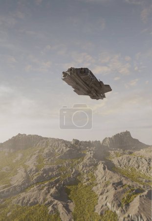 Large Spaceship Gunship Flying Over the Mountains of an Alien Planet, 3d digitally rendered science fiction illustration