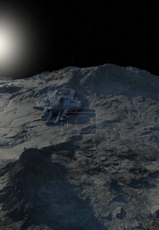 Foto de Nave espacial abandonada y abandonada en una luna alienígena, ilustración de ciencia ficción representada digitalmente en 3D - Imagen libre de derechos