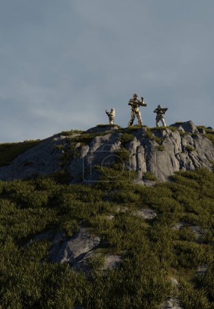 Zukünftige Marinesoldaten erkunden einen felsigen Hügel auf einer fremden Welt, 3D digital gerenderte Science-Fiction-Illustration