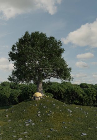 Fairy Toadstool House underneath an Oak Tree, 3d digitally rendered fantasy illustration