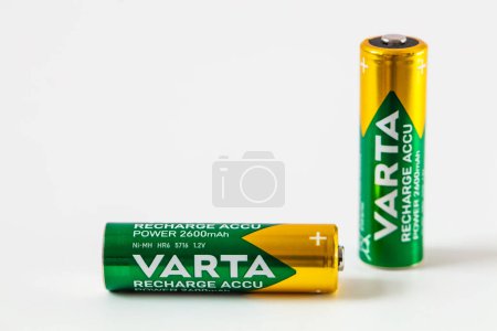 Photo for Lviv, Ukraine - December 12, 2022: Varta recharge Accu power Ni-MH AAA battery on white background - Royalty Free Image