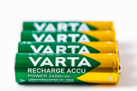Photo for Lviv, Ukraine - December 12, 2022: Varta recharge Accu power Ni-MH AAA battery on white background - Royalty Free Image