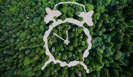 Téléchargez les photos : Icône horloge sur la vue du dessus de la forêt. Concept de protection de l'environnement - en image libre de droit