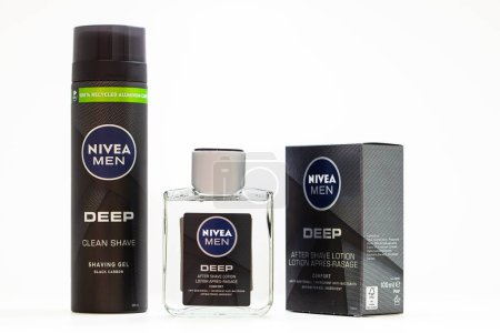 Photo for Berlin, Germany - June 30, 2023: Nivea Men Deep Clean Shave shaving gel and After Shave Lotion on white background - Royalty Free Image