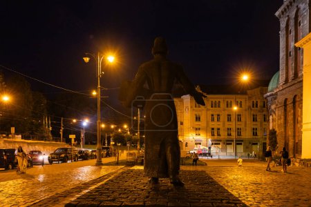 Photo for Lviv, Ukraine - July 12, 2023: monument to Ivan  Fedorov in Lviv at night - Royalty Free Image