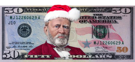 Téléchargez les photos : Ulysses S. Grant à partir de billets de 50 dollars américains dans le chapeau du Père Noël à des fins de conception - en image libre de droit