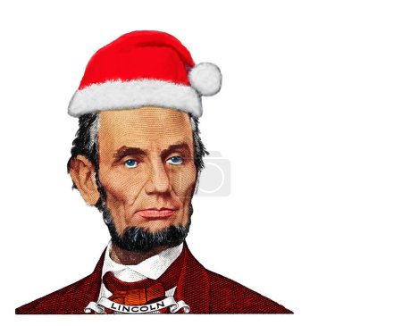 Téléchargez les photos : Abraham Lincoln à partir de billets de 5 dollars américains dans le chapeau du Père Noël à des fins de conception - en image libre de droit