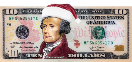 Téléchargez les photos : Alexander Hamilton à partir de billets de 10 dollars américains dans le chapeau du Père Noël à des fins de conception - en image libre de droit