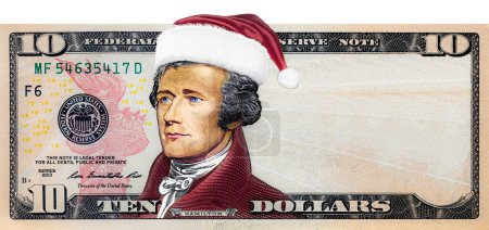Téléchargez les photos : Alexander Hamilton à partir de billets de 10 dollars américains dans le chapeau du Père Noël à des fins de conception - en image libre de droit
