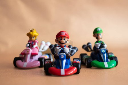 Photo for Lviv, Ukraine - December 7, 2023: Super Mario,  Luigi and Princess  in  karts - racing toy - Royalty Free Image