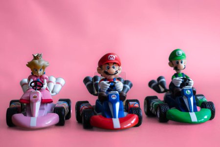 Photo for Lviv, Ukraine - December 7, 2023: Super Mario,  Luigi and Princess  in  karts - racing toy - Royalty Free Image