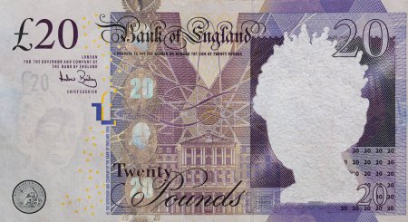 20 Pfund Sterling Banknotenrand mit leerem Mittelbereich für Designzwecke