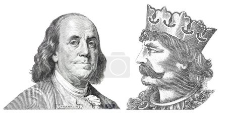 Foto de Benjamin Franklin cortó el nuevo billete de 100 dólares y Boleslao I el Valiente cortó el billete de 20 zloty pulido para el diseño - Imagen libre de derechos