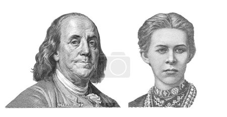 Photo for Benjamin Franklin cut on new 100 dollars banknote and Lesia Ukrayinka cut on 200 Ukrainian hryvnia banknote - Royalty Free Image