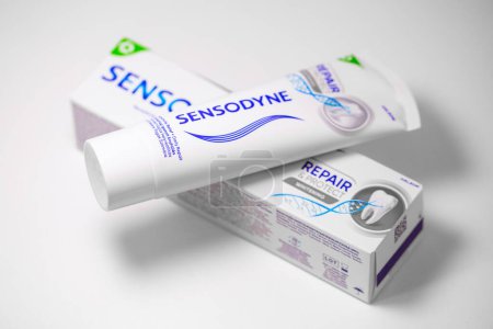 Photo for Lviv, Ukraine - May 1, 2024: Sensodyne Sensitivity Relief  Daily Repair Toothpaste - Royalty Free Image