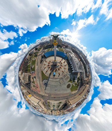 360 degree view on Independence square in Kyiv from drone. Miniature planet of Kyiv.