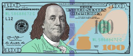 Cartoon hand drawn colorized 100 dollar banknote for design purpose