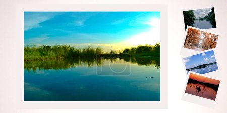 Foto de Marcos de fotos sobre un fondo blanco con la imagen del lago y las montañas - Imagen libre de derechos