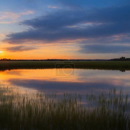 Foto de Beautiful sunset over the lake with reflection in water. Landscape. - Imagen libre de derechos