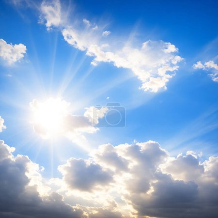 Foto de Blue sky background with white clouds and sun rays. - Imagen libre de derechos