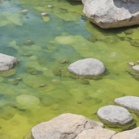 Foto de Green water in a small pond with stones and pebbles in the background. - Imagen libre de derechos