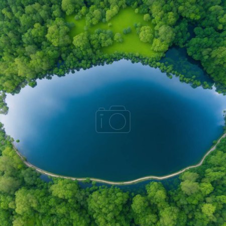 Foto de Aerial view of a small lake surrounded by green forest. - Imagen libre de derechos