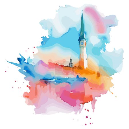 Foto de Ilustración de un fondo de acuarela de colores con una torre de la iglesia - Imagen libre de derechos