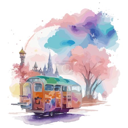 Foto de Ilustración vectorial dibujada a mano de un autobús turístico en el fondo del antiguo castillo - Imagen libre de derechos