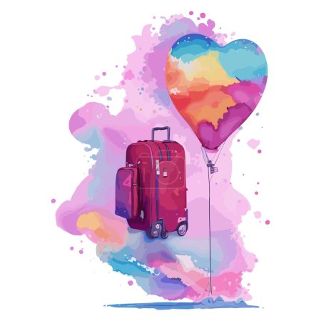 Foto de Ilustración vectorial de una maleta con un globo en forma de corazón sobre un fondo de acuarela - Imagen libre de derechos