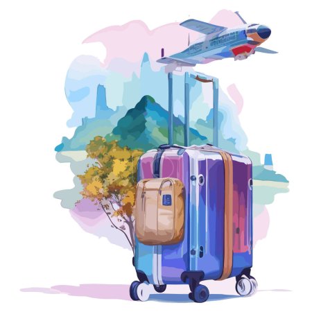 Foto de Ilustración vectorial de una maleta de viaje con avión sobre el fondo de las montañas - Imagen libre de derechos
