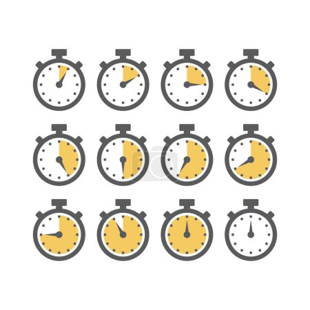 Téléchargez les illustrations : Minuterie ou chronomètre avec icône échelle des minutes réglée. Chronomètre pour le temps, ensemble de symbole d'horloge. - en licence libre de droit
