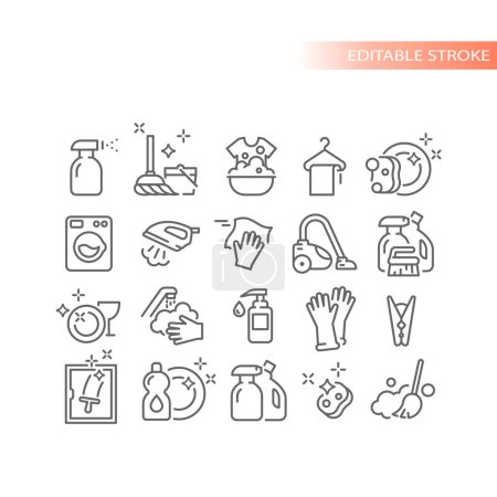 Illustration for Cleaning, housekeeping line vector icon set. Bucket, mop, washing and laundry outlined icons. - Royalty Free Image