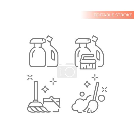 Illustration for Cleaning, housekeeping line vector icon set. Bucket, mop, dusting broom outlined icons. - Royalty Free Image