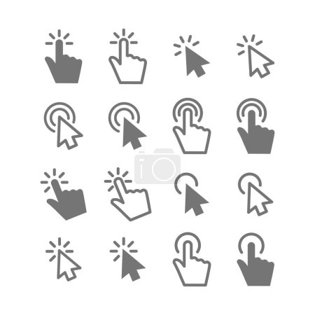 Illustration for Mouse hand and arrow click line and fill vector icon set. Cursor clicking outline icons. - Royalty Free Image
